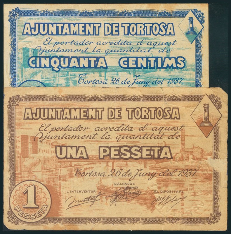 TORTOSA (TARRAGONA). 50 Céntimos y 1 Peseta. 20 de Junio de 1937. (González: 104...