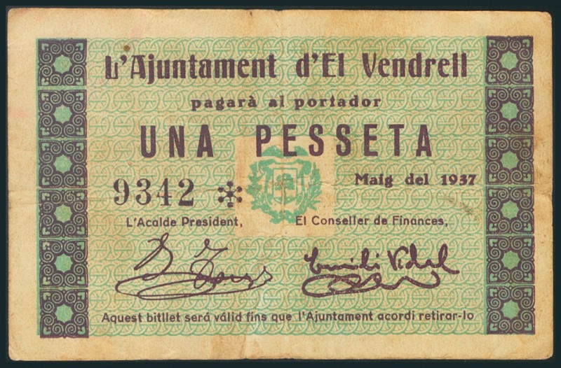 VENDRELL (TARRAGONA). 1 Peseta. Mayo 1937. (González: 10598). MBC-.