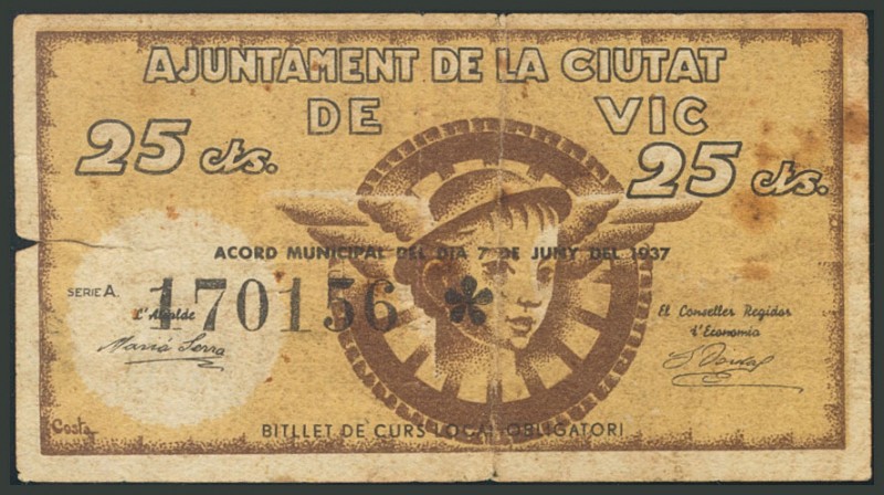 VIC (BARCELONA). 25 Céntimos. 7 de Junio de 1937. Serie A. (González: 10629). MB...