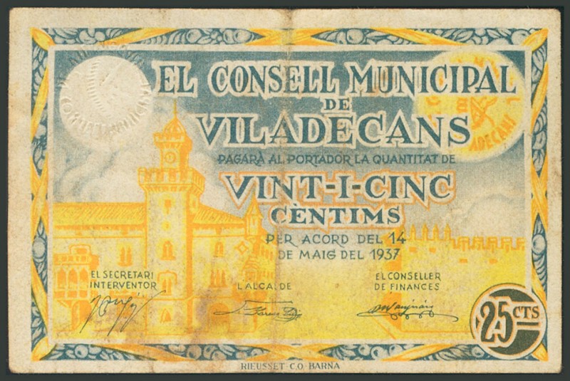 VILADECANS (BARCELONA). 25 Céntimos. 14 de Mayo de 1937. Serie C. (González: 106...