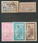 Conjunto de 5 billetes de la Guerra Civil, de Linares (Jaén), Totana (Murcia) y de Casalgordo (3) de Albacete. A EXAMINAR.