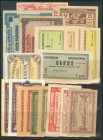 Conjunto de billetes principalmente de la Guerra Civil, de diversas localidades no catalanas, se incluye alguna reproducción. A examinar.