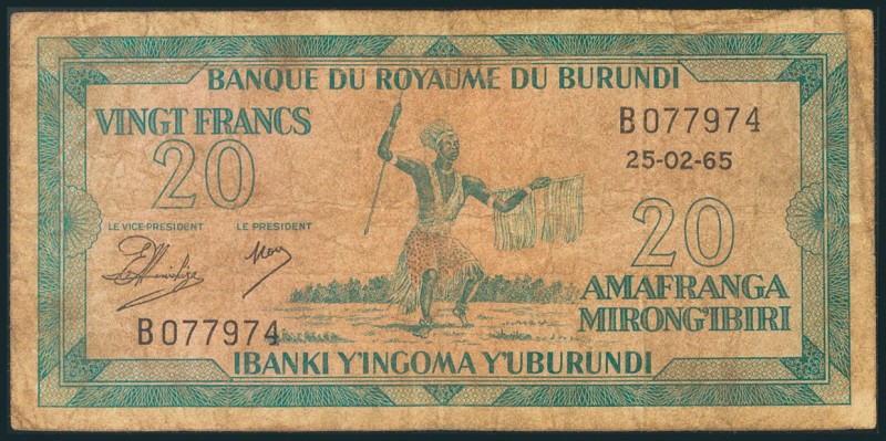 BURUNDI. 20 Francs. 20 de Febrero de 1965. Serie B. (Pick: 15). BC.