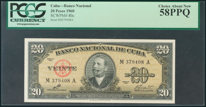 CUBA. 20 Pesos. 1960. Serie MA. (Pick: 80c). Apresto original. Encapsulado PMG58...