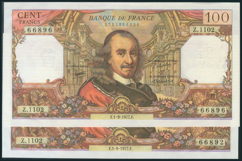 FRANCIA. 100 Francos. Pareja correlativa con cuatro posicines de diferencia. Sin...