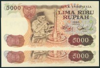 INDONESIA. 5000 Rupias. 1980. Pareja correlativa con marca de agua Sartika. Serie BLT. (Pick: 120a). SC.