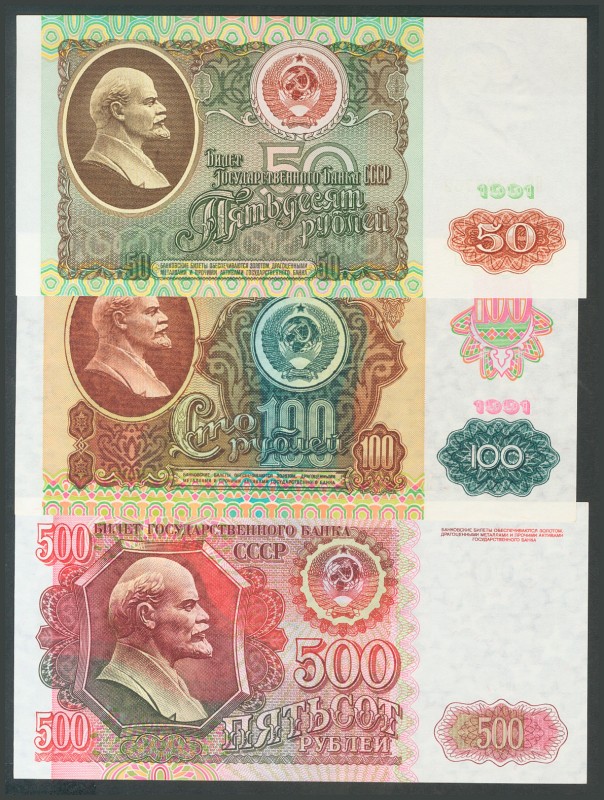 Conjunto de billetes de Rusia de 50 Rublos, 100 Rublos y 500 Rublos. A EXAMINAR....