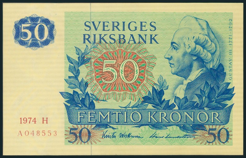 SUECIA. 50 Kronor. 1974. Serie 1974 H, en rojo oscuro. (Pick: 53b). SC.