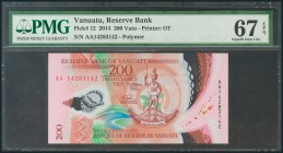 VANUATU. 200 Vatu. 2014. Serie AA. (Pick: 12). Apresto original. Encapsulado PMG67EPQ. SC.