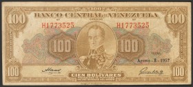 VENEZUELA. 100 Bolívares. 8 de Agosto de 1957. Serie H y 7 dígitos. (Pick: 34c, Sleiman: 61). MBC.