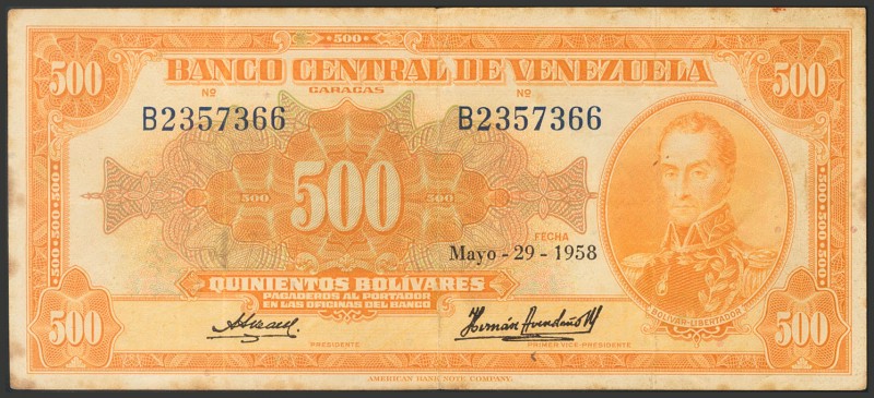 VENEZUELA. 500 Bolívares. 29 de Mayo de 1958. Firmado por Aurelio Arreza y Enriq...