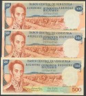 VENEZUELA. Conjunto de 3 billetes de 500 Bolívares emitidos el 9 de Noviembre de 1971 (2 x MBC) y 11 de Enero de 1972 (1 x SC), todos ellos con serie ...
