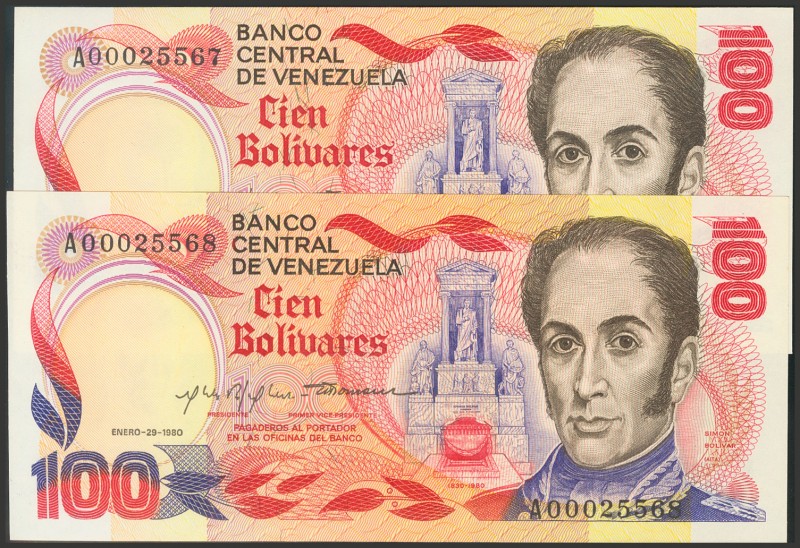 VENEZUELA. 100 Bolívares. 29 de Enero de 1980. Pareja correlativa. Firmados por ...