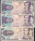 VENEZUELA. Conjunto de 3 billetes de 10 Bolívares emitidos el 29 de Enero de 1980 (2) con la serie A y 6 de Octubre de 1981 con la serie C y 7 dígitos...