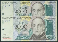 Conjunto de 2 billetes de Venezuela de 2000 Bolívares, emitidos el 29 de Octubre de 1998 con las series A y B (Pick: 80). SC.