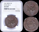 GREECE: 20 Lepta (1831) in copper with phoenix. Variety "486-I.h" by Peter Chase. Inside slab by NGC "AU 55 BN". (Hellas 19).
