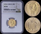 GREECE: 20 Drachmas (1876 A) (type I) in gold with head of King George I facing right and legend "ΓΕΩΡΓΙΟΣ Α! ΒΑΣΙΛΕΥΣ ΤΩΝ ΕΛΛΗΝΩΝ". Inside slab by NG...