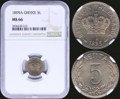 GREECE: 5 Lepta (1895 A) (type III) in copper-nickel with Royal Crown and legend "ΒΑΣΙΛΕΙΟΝ ΤΗΣ ΕΛΛΑΔΟΣ". Inside slab by NGC "MS 66". (Hellas 130)....