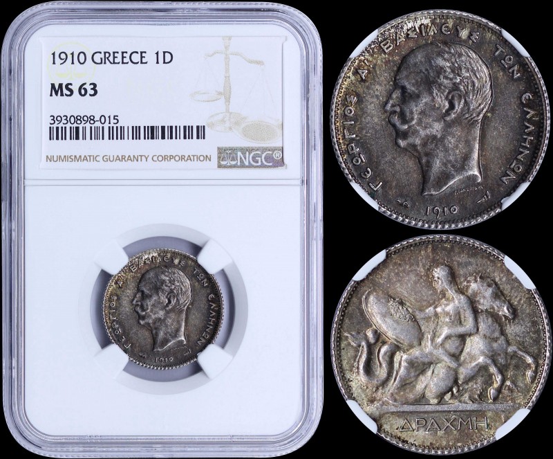 GREECE: 1 Drachma (1910) (type II) in silver with mature portrait (different typ...