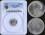 GREECE: 20 Lepta (1926) in copper-nickel with head of Goddess Athena facing left and legend "ΕΛΛΗΝΙΚΗ ΔΗΜΟΚΡΑΤΙΑ". Inside slab by PCGS "MS 66". (Hella...