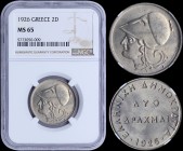 GREECE: 2 Drachmas (1926) in copper-nickel with head of Goddess Athena facing left and legend "ΕΛΛΗΝΙΚΗ ΔΗΜΟΚΡΑΤΙΑ". Inside slab by NGC "MS 65". (Hell...