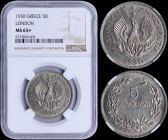 GREECE: 5 Drachmas (1930) in nickel with phoenix and legend "ΕΛΛΗΝΙΚΗ ΔΗΜΟΚΡΑΤΙΑ". Variety: London mint. Inside slab by NGC "MS 65+". (Hellas 177)....