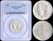 GREECE: 10 Drachmas (1930) in silver (0,500) with head of Goddess Demeter facing left. Inside slab by PCGS "MS 64". (Hellas 178).