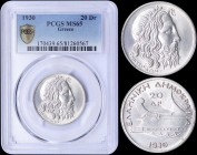 GREECE: 20 Drachmas (1930) in silver (0,500) with head of God Poseidon facing right. Inside slab by PCGS "MS 65". Top grade in both companies. (Hellas...
