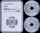 GREECE: 20 Lepta (1954) in aluminium with Royal Crown and legend "ΒΑΣΙΛΕΙΟΝ ΤΗΣ ΕΛΛΑΔΟΣ". Inside slab by NGC "MS 66". (Hellas 186).
