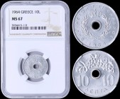 GREECE: 10 Lepta (1964) in aluminium with Royal Crown and legend "ΒΑΣΙΛΕΙΟΝ ΤΗΣ ΕΛΛΑΔΟΣ". Inside slab by NGC "MS 67". (Hellas 206).