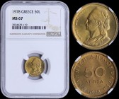 GREECE: 50 Lepta (1978) in copper-zinc with bust of Markos Mpotsaris facing left. Inside slab by NGC "MS 67". (Hellas 257).