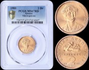 GREECE: 2 Drachmas (1988) (type II) in copper with bust of Manto Mavrogenous facing right. Inside slab by PCGS "MS 67 RD". (Hellas 280).