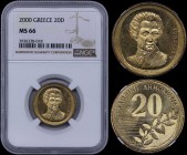 GREECE: 20 Drachmas (2000) (type II) in copper with bust Dionysios Solomos facing right. Inside slab by NGC "MS 66". (Hellas 321).