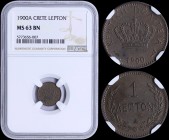 GREECE: 1 Lepton (1900 A) in bronze with Royal Crown and legend "ΚΡΗΤΙΚΗ ΠΟΛΙΤΕΙΑ". Inside slab by NGC "MS 63 BN". (Hellas C.1).