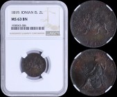 GREECE: 2 Lepta (1/2 Obol) (1819) in copper with Venetian lion of St Marcus and legend "ΙΟΝΙΚΟΝ ΚΡΑΤΟΣ". Inside slab by NGC "MS 63 BN". (Hellas I.15)....