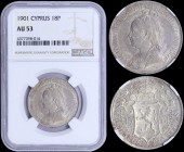 CYPRUS: 18 Piastres (1901) in silver (0,925) with crowned and veiled bust of Queen Victoria facing left. Inside slab by NGC "AU 53". (KM 7) & (Fitikid...