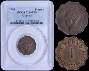 CYPRUS: 1 Piastre (1944) in bronze with crowned head of King George VI facing left. Inside slab by PCGS "MS 63 BN". (KM 23a) & (Fitikides 79).
