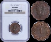 CYPRUS: 1 Piastre (1945) in bronze with crowned head of George VI facing left. Inside slab by NGC "MS 63 BN". (KM 23a) & (Fitikides 80).
