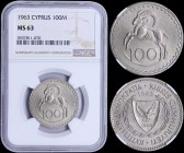 CYPRUS: 100 Mils (1963) in copper-nickel with shielded Arms within wreath and date above. Cyprus Mouflon facing left on reverse. Inside slab by NGC "M...