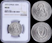 CYPRUS: 100 Mils (1977) in copper-nickel with shielded Arms within wreath and date above. Cyprus Mouflon facing left on reverse. Inside slab by NGC "M...