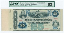 GREECE: Specimen of 25 Drachmas (1871-86) in black, blue and green with portrait of G Stavros at upper left. Two large Ns (for New Drachmai). S/N: "00...