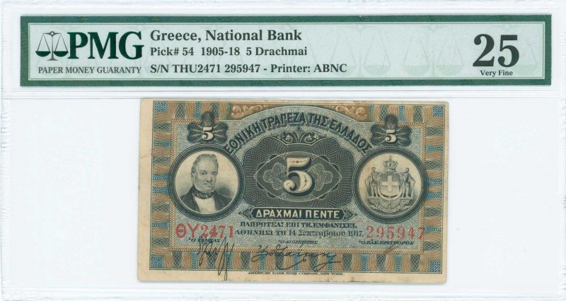 GREECE: 5 Drachmas (14.9.1917) in black on blue and brown unpt with portrait of ...