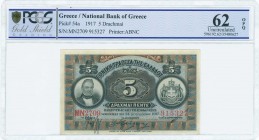 GREECE: 5 Drachmas (24.12.1917) in black on blue and brown unpt with portrait of G Stavros at left and Arms of King George I at right. S/N: "MN2709 91...