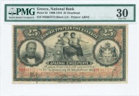 GREECE: 25 Drachmas (18.8.1912) in black on red and blue unpt with portrait of G Stavros at left and Arms of King George I at right. S/N: "HH 667572 λ...