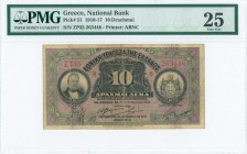 GREECE: 10 Drachmas (8.1.1914) in black on purple and green unpt with portrait of G Stavros at left and Arms of King George I at right. S/N: "ZT35 263...