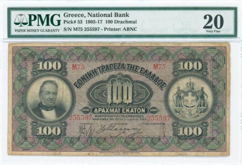GREECE: 100 Drachmas (20.12.1915) in black on purple and green unpt with portrai...