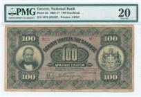 GREECE: 100 Drachmas (20.12.1915) in black on purple and green unpt with portrait of G Stavros at left and Arms of King George I at right. S/N: "M75 2...