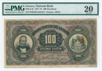 GREECE: 100 Drachmas (25.2.1918) in black on purple and green unpt with portrait of G Stavros at left and Arms of King George I at right. S/N: "ΦΦ34 6...