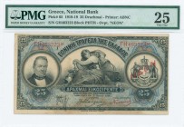 GREECE: 25 Drachmas (17.5.1918 - 1922 NEON issue) in black on blue and brown unpt with portrait of G Stavros at left, Arms of King George I at right a...