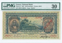 GREECE: 100 Drachmas (8.2.1922 - 1922 NEON issue) in blue on light green and red-orange unpt with portrait of G Stavros at left, Arms of King George I...